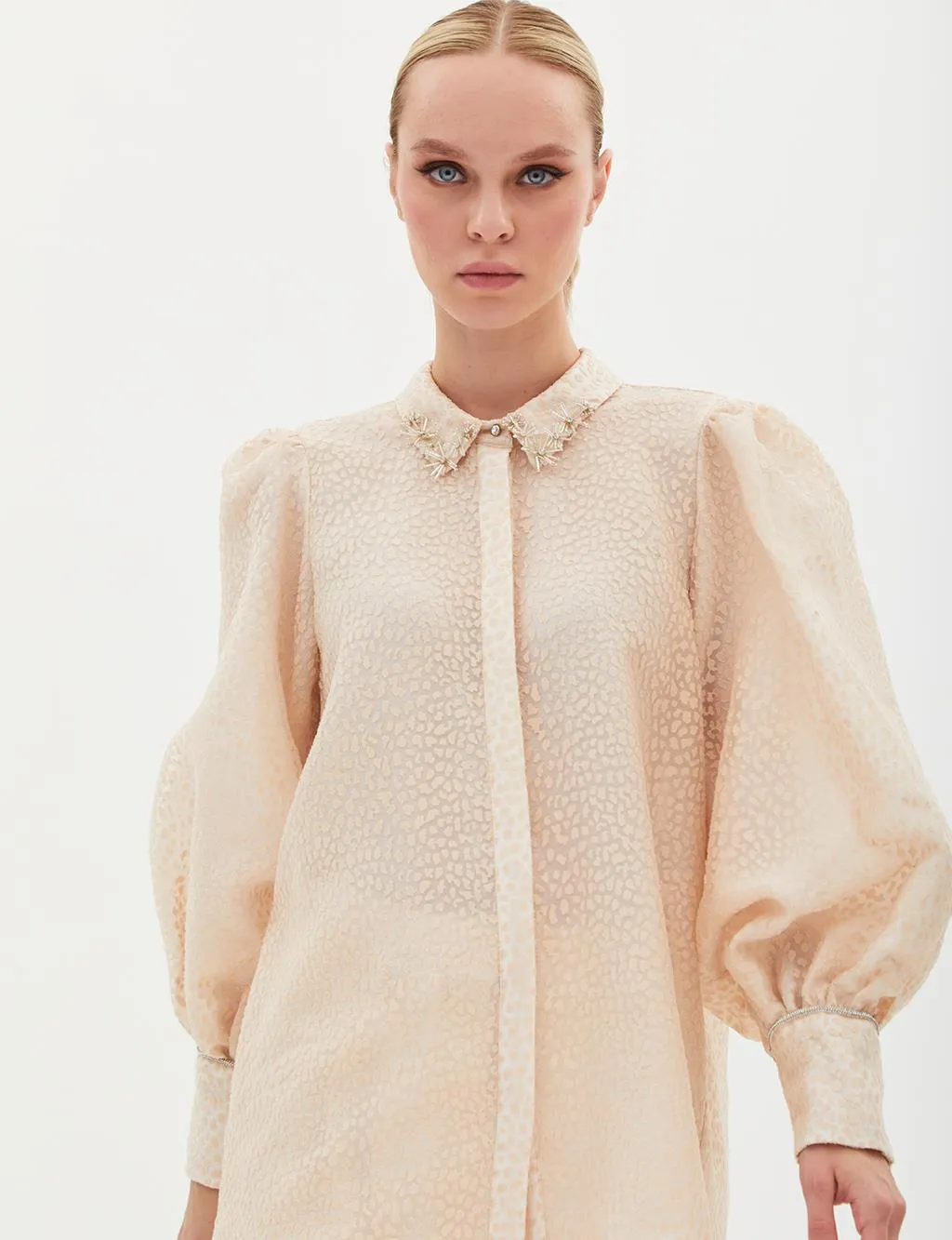 Balloon Sleeve Shiny Stone Embroidered Blouse Cream