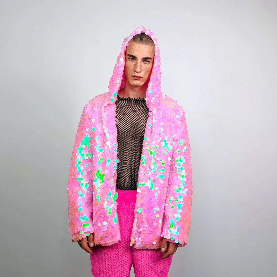 Black shiny sequin jacket hooded mermaid Eras bomber holographic pullover luminous festival coat rave top fairy overcoat carnival sweatshirt