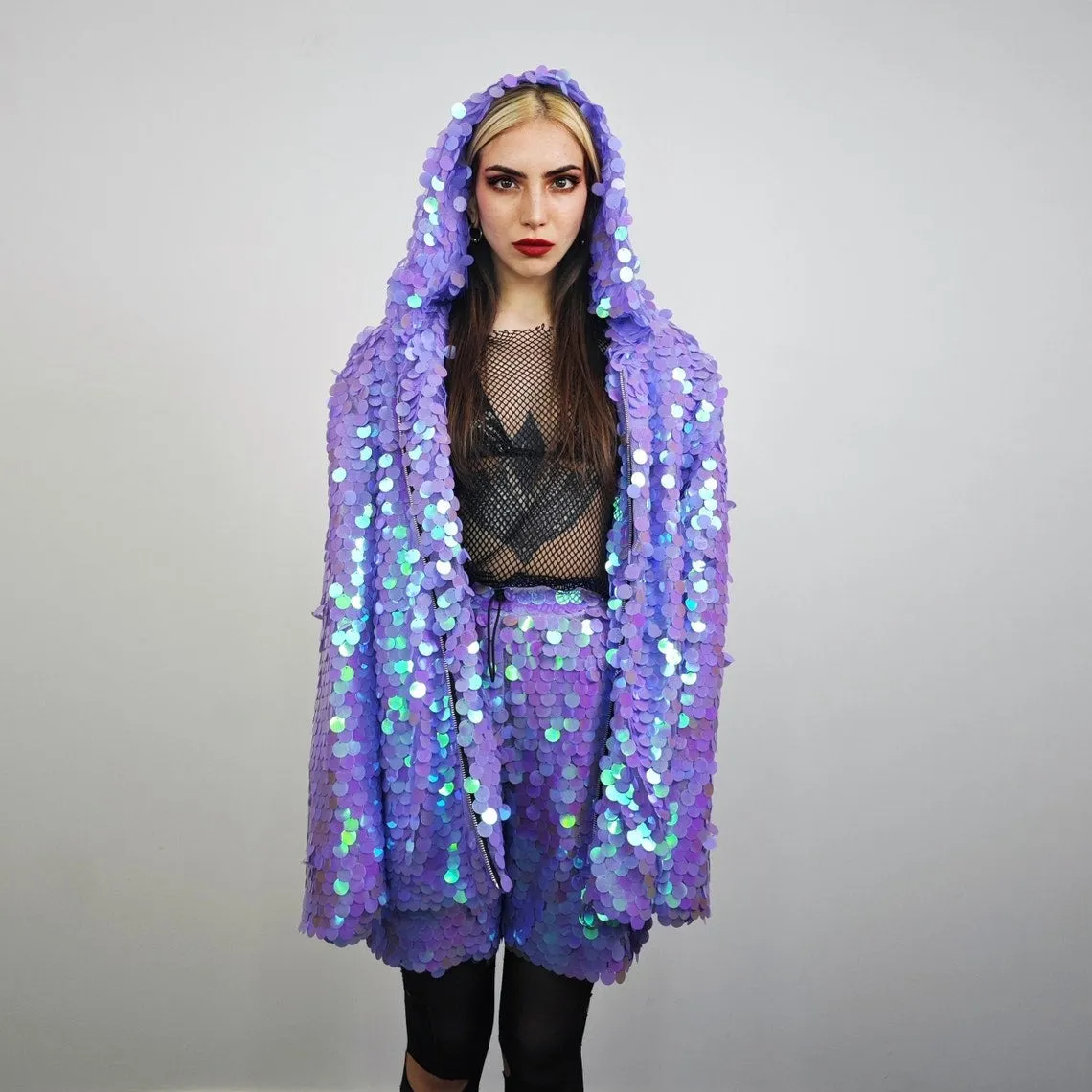 Black shiny sequin jacket hooded mermaid Eras bomber holographic pullover luminous festival coat rave top fairy overcoat carnival sweatshirt