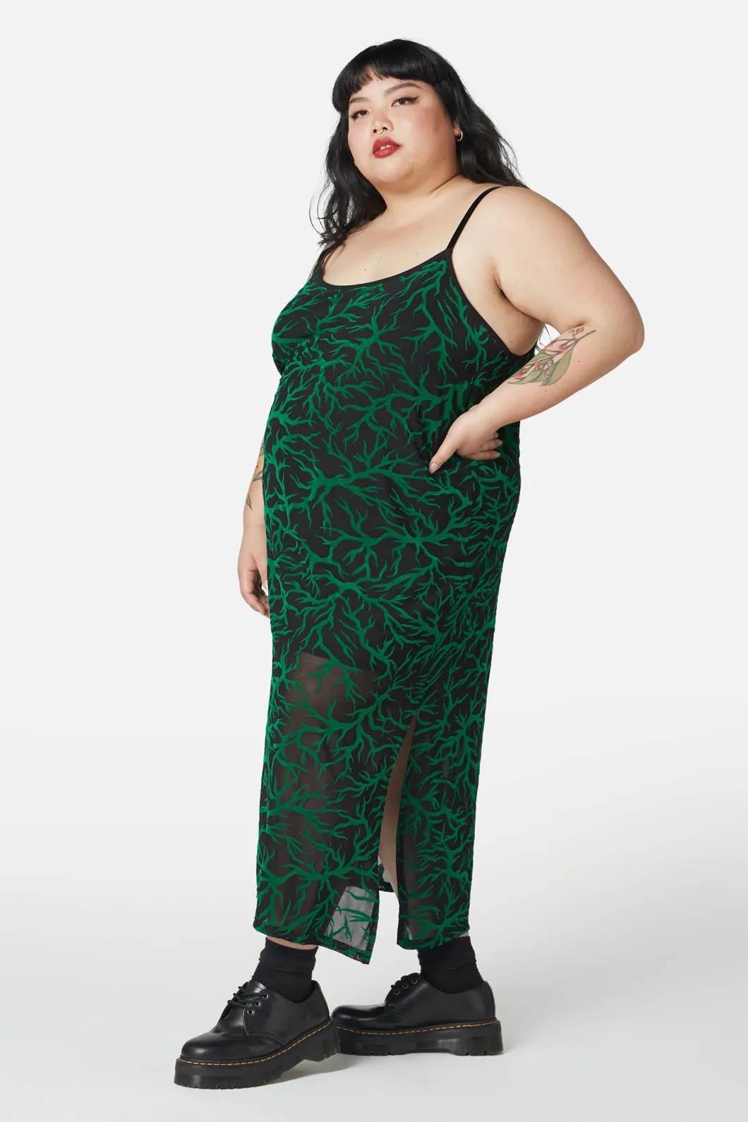 Curve Neglected Flocked Mesh Midi Dress