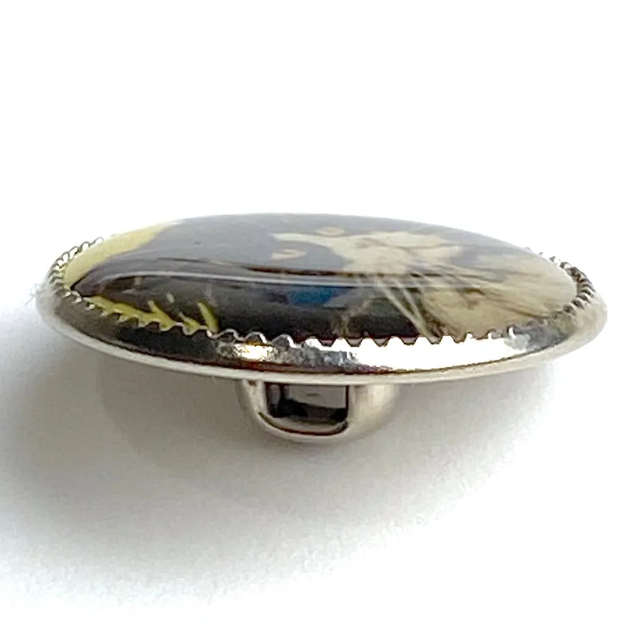 Last Ones, Cat Portrait, Black & White Longhair Kitty on Yellow 18mm Winky and Dutch 3/4" Shank Back Button