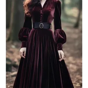 Lola:  Long-sleeve Velvet V-Neck Dress