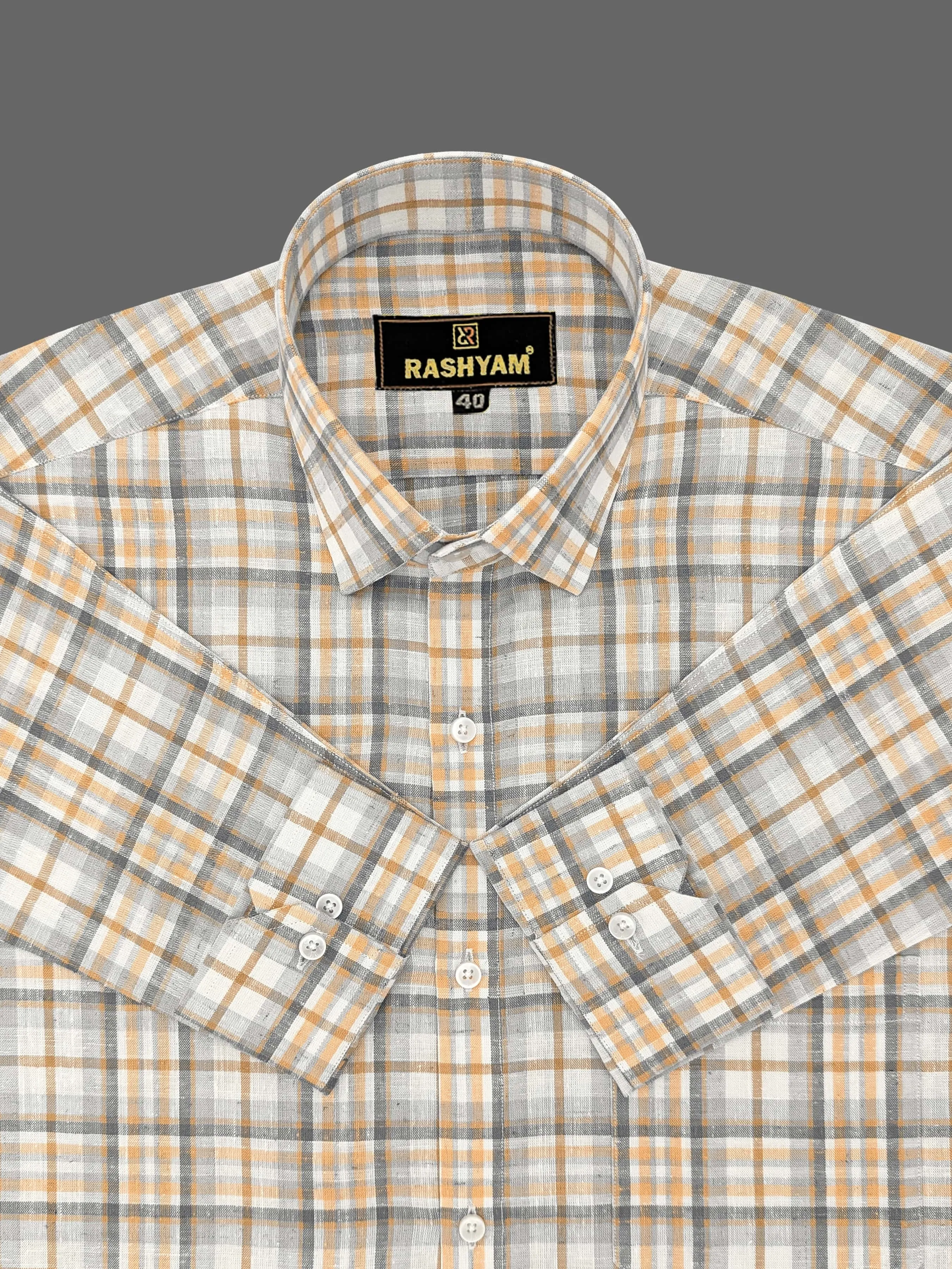 Marzeno Luxurious Linen Cotton Light Brown With Grey Multi Checks Formal Shirt For Men