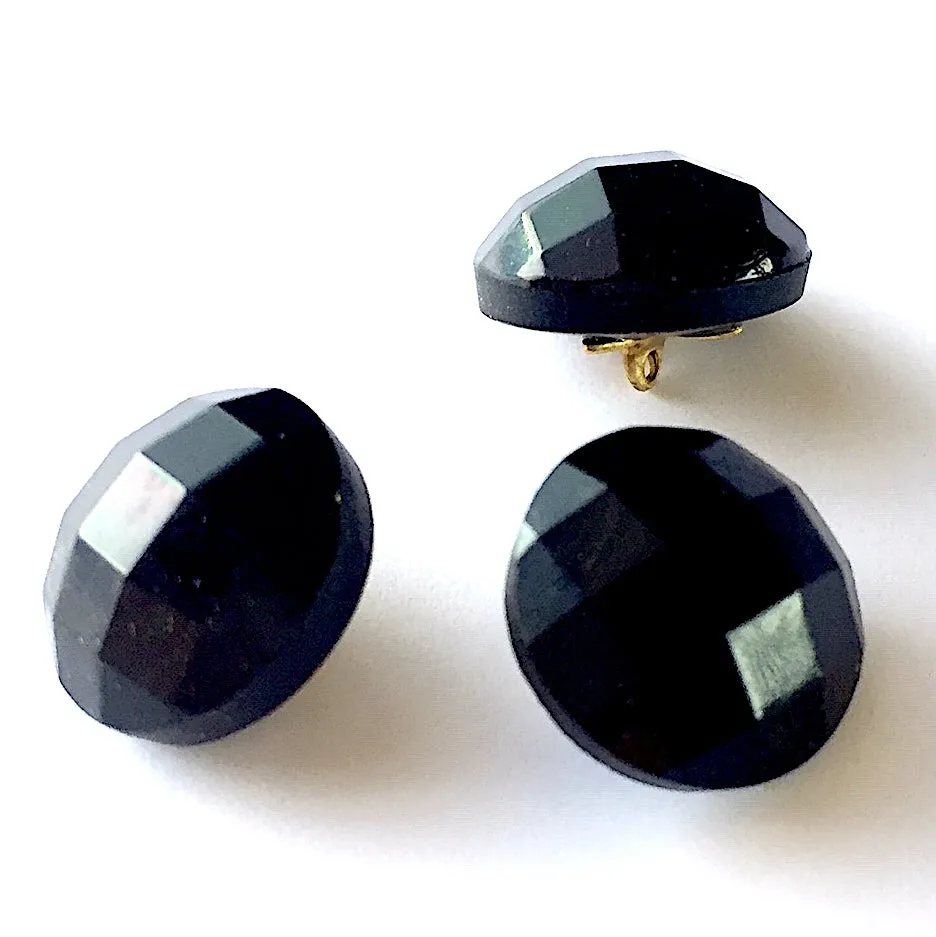 Opaque Black Faceted Vintage Glass Buttons, 9/16" #GL385