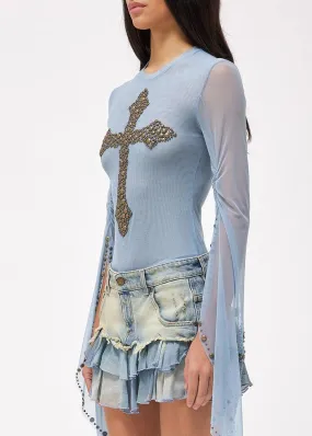 Round-Neck Mesh Horn Sleeve Hot Drill Printing Top T-shirt