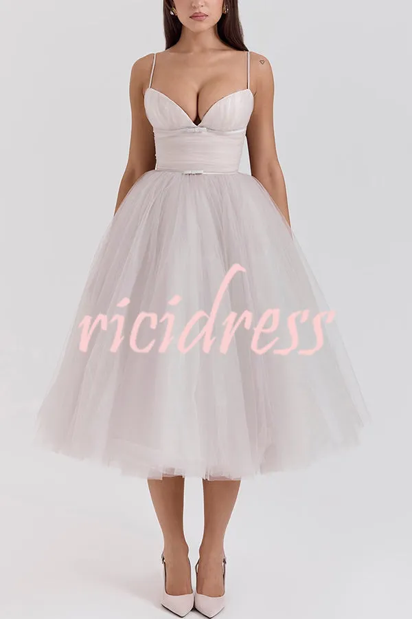 Royal Treatment Tulle Bows Detail Ruched Slip Midi Dress