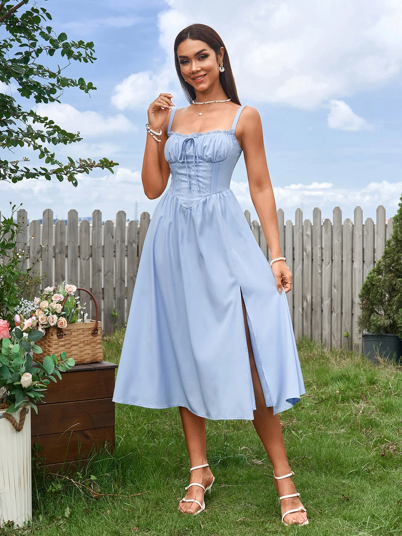Ruched Bust Tie Front Split Thigh Ruched Cami Dress