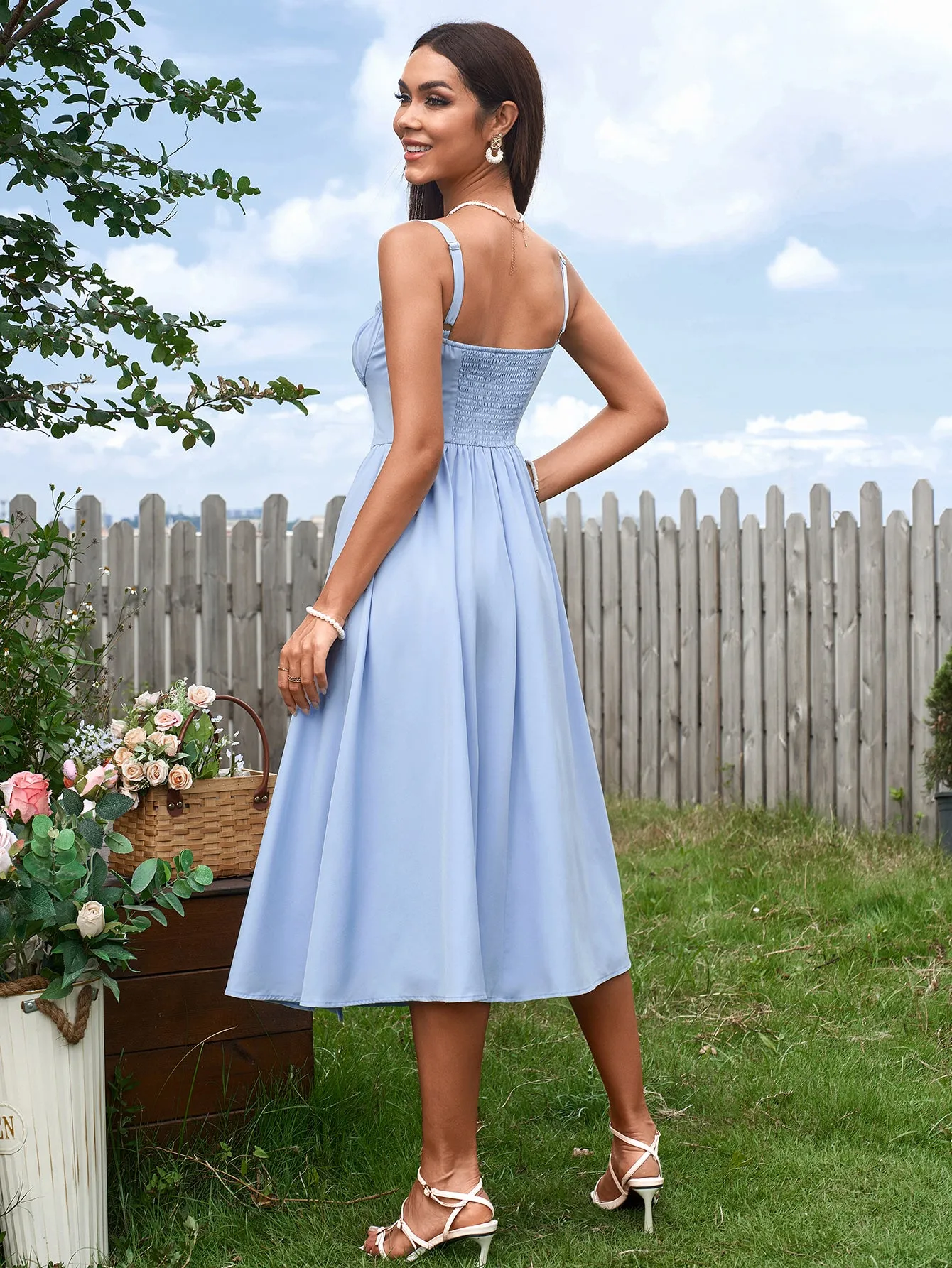 Ruched Bust Tie Front Split Thigh Ruched Cami Dress