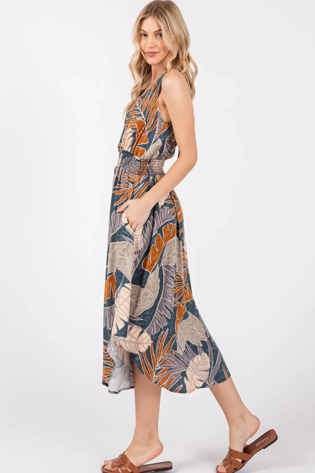 Slate & Rust Leaf Print Tank Midi Dress w/Smocked Waist, Back Tie & Pockets