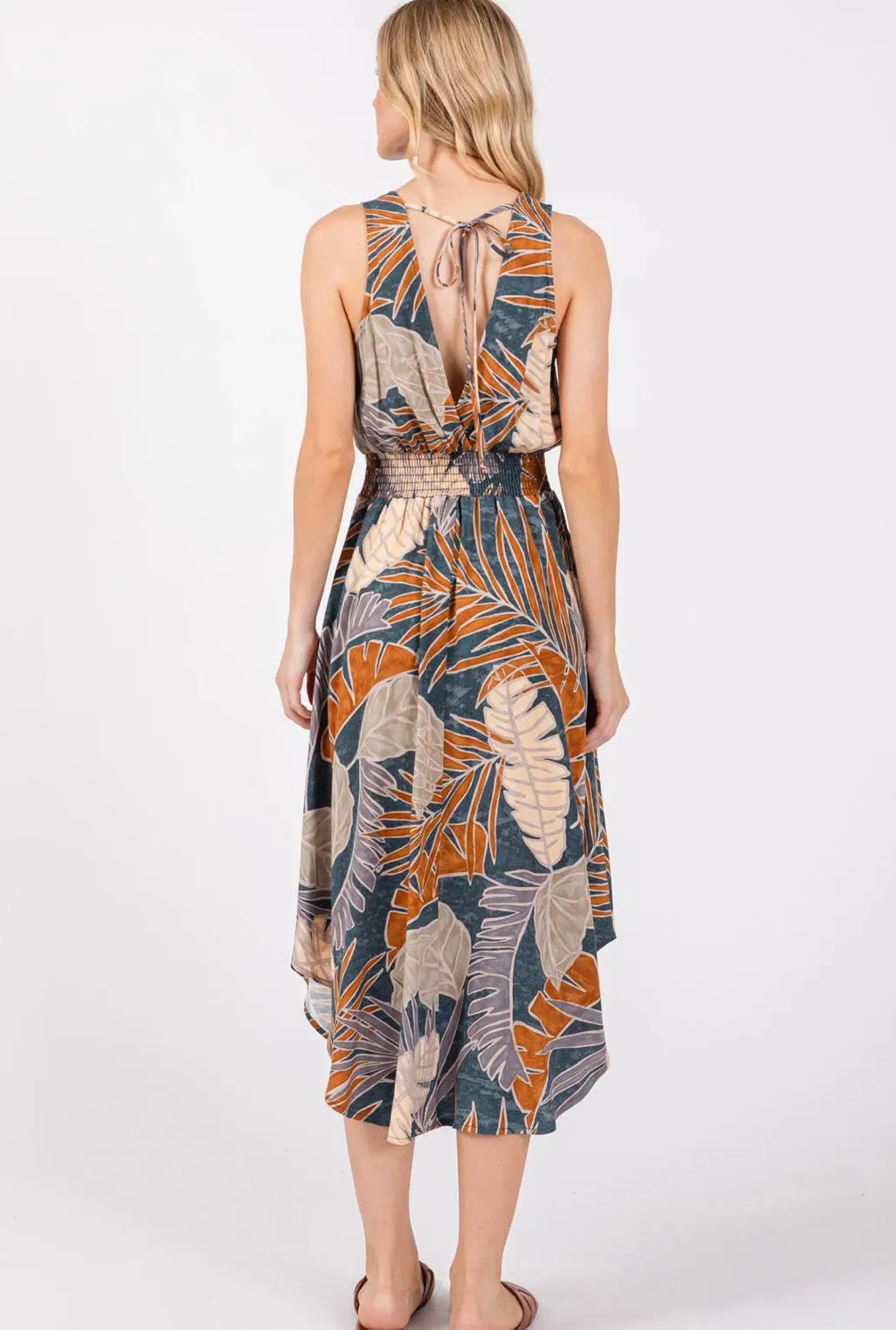 Slate & Rust Leaf Print Tank Midi Dress w/Smocked Waist, Back Tie & Pockets