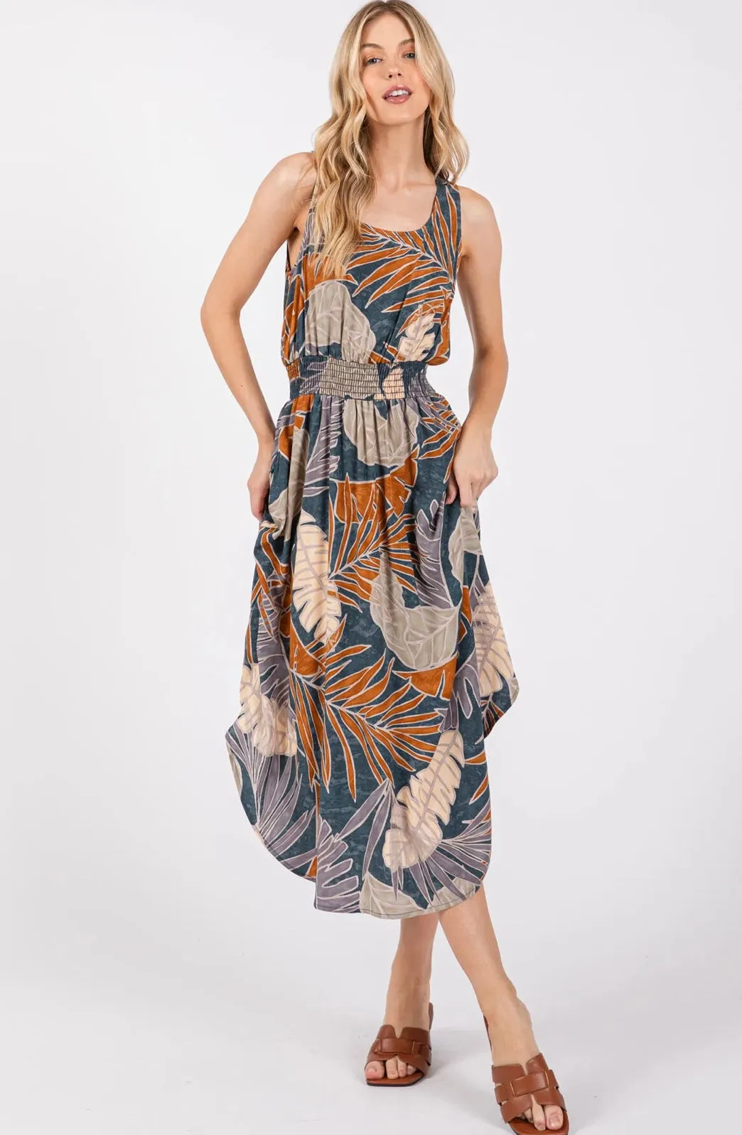Slate & Rust Leaf Print Tank Midi Dress w/Smocked Waist, Back Tie & Pockets