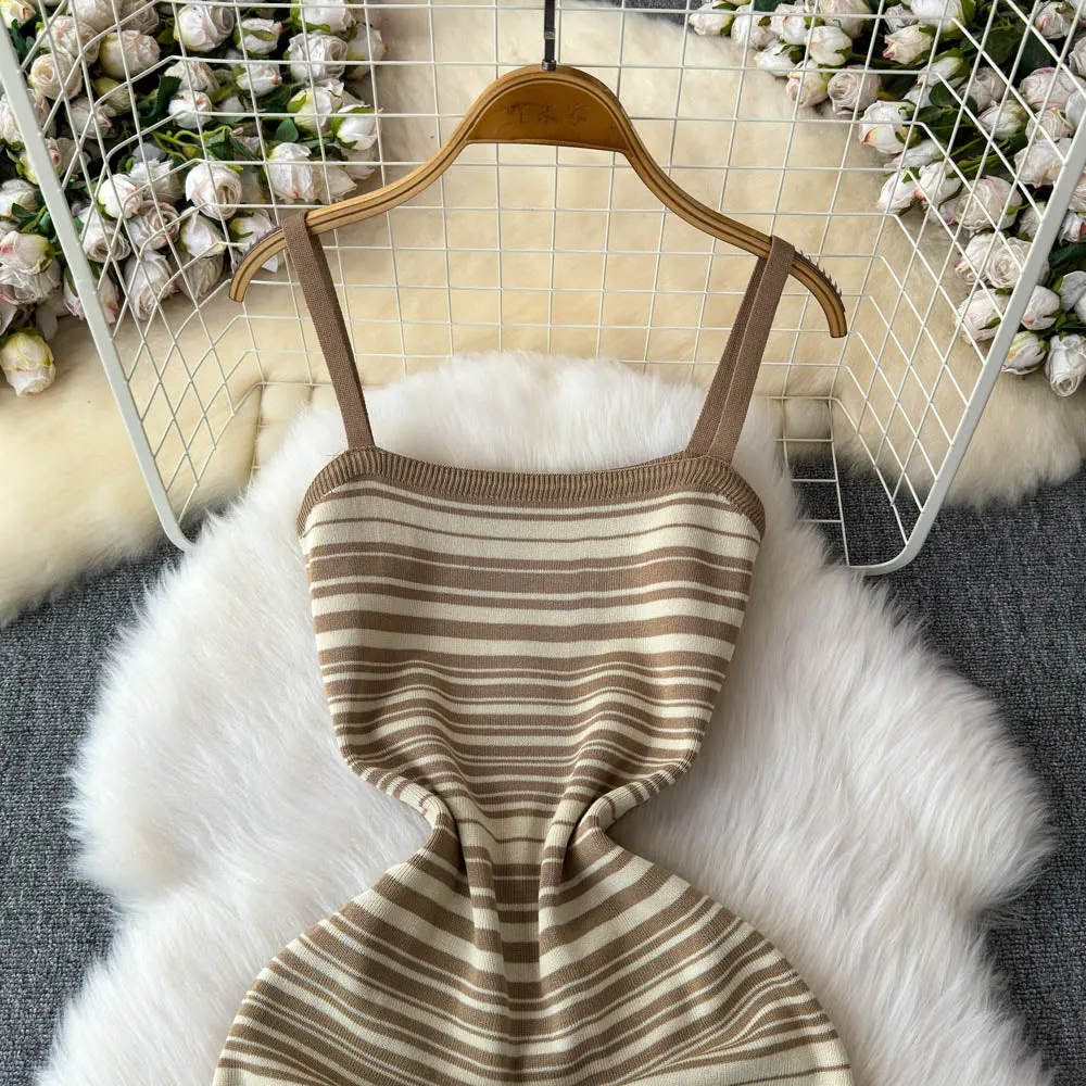 Striped Slip Dress&Hollowed Sweater 2Pcs