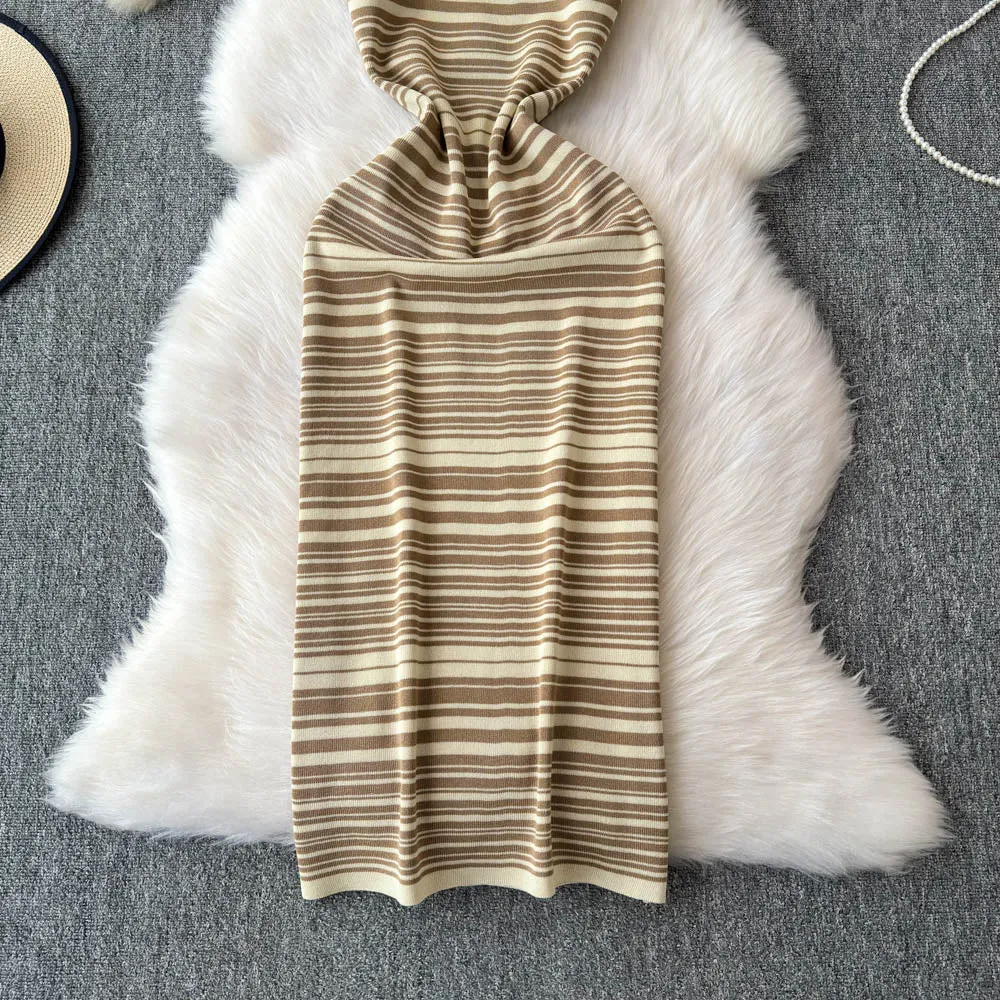 Striped Slip Dress&Hollowed Sweater 2Pcs