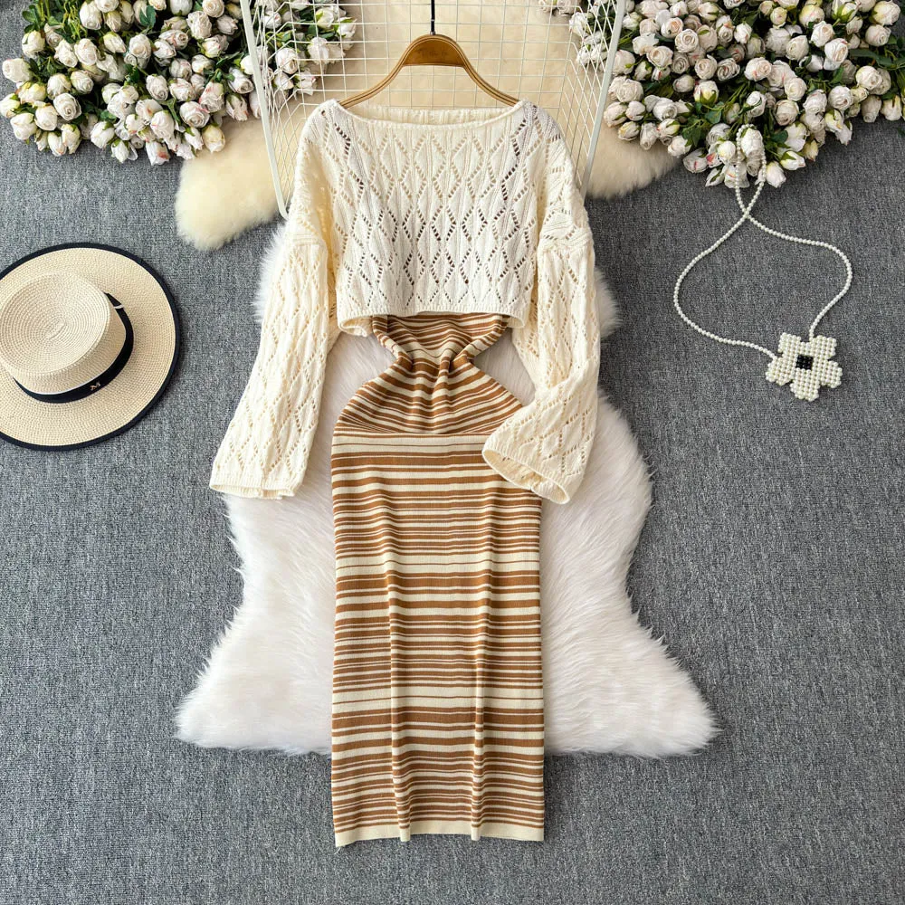 Striped Slip Dress&Hollowed Sweater 2Pcs