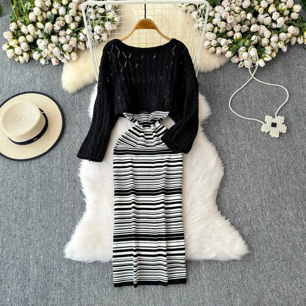 Striped Slip Dress&Hollowed Sweater 2Pcs