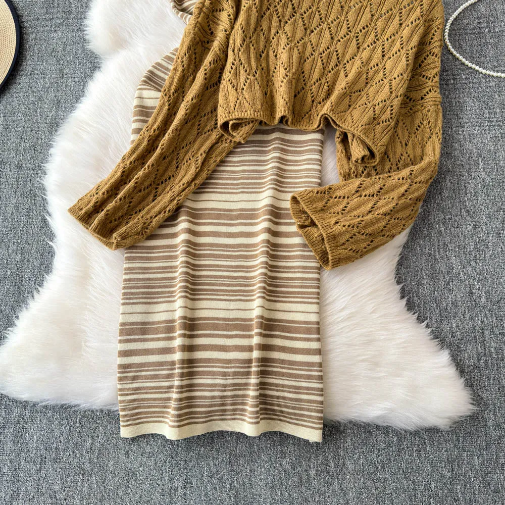Striped Slip Dress&Hollowed Sweater 2Pcs