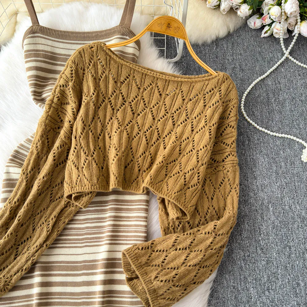 Striped Slip Dress&Hollowed Sweater 2Pcs