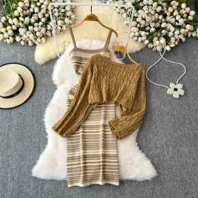 Striped Slip Dress&Hollowed Sweater 2Pcs