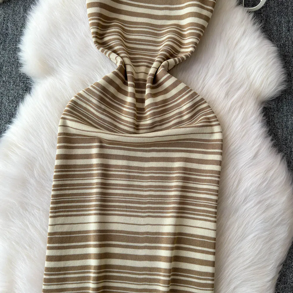 Striped Slip Dress&Hollowed Sweater 2Pcs